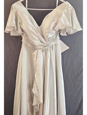 Elegant Ivory Satin Wrap Dress with Flutter Sleeves